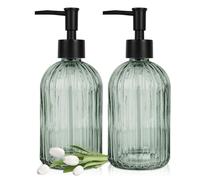 2 Pcs Glass Soap Dispenser with Pump, 13.5 Oz/400 ml Clear Liquid Dispenser, BPA Free Refillable Green Bottle Non-slip for Shampoo, Shower Gel in Bathroom, Countertop, Kitchen, Laundry Room, Hotel