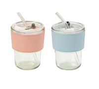 2 pcs Glass Tumbler with Straw and Lid 13 oz (380ml) Tumbler Water Glass Coffee Cups Reusable Cute Iced Matcha Travel (Pink & Blue)
