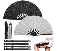 2 Pcs Glitter Rave Hand Fans, Black Folding Fans With Silver Sparkles, Clack Fans With Holsters, Perfect For Carnival, Parties & Stage Performances