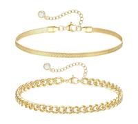 2 Pcs Gold Anklets for Women，Adjustable Trendy Cuban Link Flat Snake Anklets Bracelets for Women,18K Gold Plated Layering Anklets Set Dainty Beach Ankle Foot Chains Jewellery Gifts