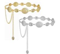 2 PCS Gold Belt, Waist Chain Belts, Gold Belly Chains, Metal Daisy Belly Chain Silver, Adjustable Western Boho Concho Belt, for Dresses, Jeans, Cowgirl Costumes, Country Concert Outfit