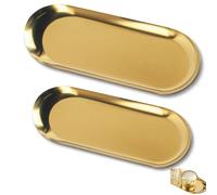 2 Pcs Gold Oval Tray, Stainless Steel Decorative Tray, Multi-Purpose Elegant Metal Ornament Tray for Coffee Table, Vanity, Bedroom, Bathroom, Makeup Organiser, Snack Holder, Cosmetic Dish Bowl (S&M)