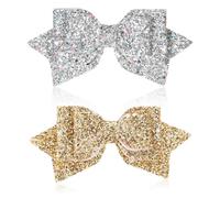 2 Pcs Gold Silver Hair Bow Clips, 5 Inch Glitter Hair Bows for Girls Sparkly Double Bowed Accessories Glitter Sequin Boutique Head Clip Delicate Satin Headwear Set for Birthday Wedding Party Back Scho