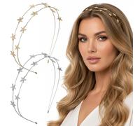 2 Pcs Gold Star Headband Star Headbands for Women Gold & Silver Bridal Wedding Crown Headband Double Row Five-Pointed Glitter Stars Headpiece Elastic Hair Hoop for Women Tiara