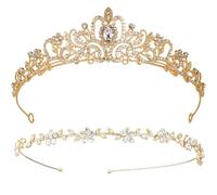 2 PCS Gold Tiara for Women, Elegant Wedding Tiaras for Bride, Gold Crown for Prom, Cosplay, And Themed Parties