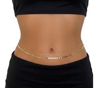 2 pcs Gold Waist Chain Layered Adjustable Belly Chain Metal Link Waterproof Style Satellite Beads Coin Chain Bikini Body Chain Jewelry Gifts for Women