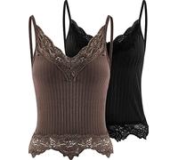 2 Pcs Goth Tank Tops for Women Y2k Tank Top Fairy Grunge Clothes Y2k Crop Top Girl Lace Patchwork Cami Ribbed Knitted Clothes, Black, Brown, L