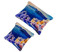 2 PCS Greece Island Art Oil Painting Pocket Cosmetic Bag, Self-Closing Shrapnel Makeup Pouch, Portable No Zipper Mini Travel Make Up Bag for Coin Lipstick Cosmetics Earphones Jewelry Organizer