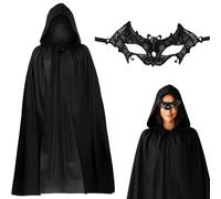 2 Pcs Grim Reaper Costume, 140 cm Long Black Cloak, Black Cape, Hooded Cloak Cape With Mask, Halloween Medieval Clothes Harry Potter Costume Adult Voldemort Fancy Dress For Women Men Kids & Adults