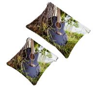 2 PCS Guitar Nature Tree Pocket Cosmetic Bag, Self-Closing Shrapnel Makeup Pouch, Portable No Zipper Mini Travel Make Up Bag for Headphones Coin Lipstick Cosmetics Earphones Jewelry Organizer