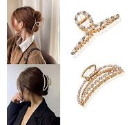 2-PCS Hair Claw Clips Metal Hair Claw Pearl Hair Claw Shiny Rhinestones Hair Claw Hair Catch Barrette Jaw Clamp for Women Girls Half Bun Hairpins for Thick Hair