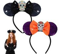 2 Pcs Halloween Accessories Mouse Ears Day Of The Dead Headband Spider Web Ears With Black Sequin Purple Orange ears Colorful Skull Fun Costume Accessory, Masquerade, Cosplay, And Halloween Party