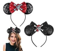 2 Pcs Halloween Accessories Pirate Mouse Ears Headband Sparkly Black Sequin Ears With Red Skull and Crossbones , Fun Costume Accessory, For Boy, Girl, Men, Women, Masquerade, Cosplay Halloween Party