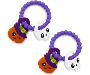 2 Pcs Halloween Baby Toys Teething Gifts Toy Soft Silicone Pumpkin and Skull Teether Bracelet Set for Infants, Safe and Cute Halloween Kids Gift for Babies, Toddlers, Boys and Girls Sensory Chew Gift