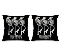 2 pcs Halloween Black Howdy Skeleton Skulls with Cowboy Hat Cushion Covers Gothic Pillow Throws Monsters for Livingroom Bedroom Couples Sofa Horror Scary Pillowcase Set 45 x 45cm