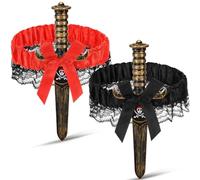 2 Pcs Halloween Bow Garter with Pirate Dagger Lace Bow Leg Ring Sword Leg Holster for Women Halloween Pirate Dress up Props, Black Red, One Size