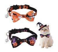 2 PCS Halloween Cat Collar with Bat Tie and Bell, Adjustable 18-30cm Escape Proof Breakaway Collar - Orange Black Color for Kitten, Puppy, Cat | Quick Release Pet Supplies