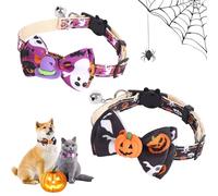 2 PCS Halloween Cat Collars,Quick Release Cat Collar with Bell and Bow,Dog Collars with Bow Tie,Pumpkin Soft Adjustable Breakaway Pet Collar for Dogs and Cats (Pumpkin+Witch's Hat)