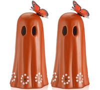 2 Pcs Halloween Ceramic Ghost Decor Mexican Ghost Figurine with Simulated Butterfly Decoration Terracotta Floral Mexican Halloween Table Decor for Day of The Dead Tabletop Home Shelf Office, 7 Inch
