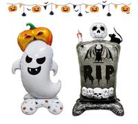 2 Pcs Halloween Giant Balloons Set Self Standing Pumpkin Ghost & Skeleton Cemetery Foil Mylar Balloons Day of Death Punch Inflatable Wall Decorations for Halloween Party Birthday