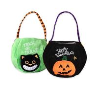 2 Pcs Halloween Plush Candy Bags - Hand - Held Pumpkin & Cat Designs, Reusable Goody Bags for Trick - or - Treat, Party Favors, Green & Black