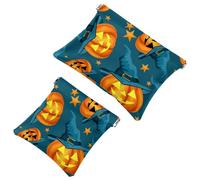 2 PCS Halloween Pumpkin with Witches Hat and Stars Pocket Cosmetic Bag, Self-Closing Shrapnel Makeup Pouch, Portable No Zipper Mini Travel Make Up Bag for Headphones Coin Lipstick Cosmetics Organizer