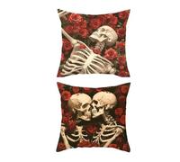 2 pcs Halloween Skulls Skeleton Love Romantic Cushion Covers Gothic Pillow Throws Monsters for Livingroom Bedroom Couples Sofa Horror Scary Pillowcase Set 45 x 45cm