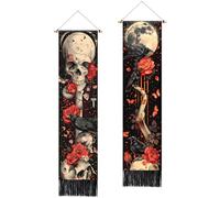 2 Pcs Halloween Tapestry, Skull Crow Mountain River Long Vertical Tapestry Wall Hanging,Traditional Ink Painting Wall Art,Zen Aesthetic Wall Hanging for Living Room Bedroom Decor