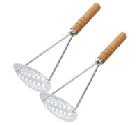 2 Pcs Handheld Potato Masher with Wooden Handle, Manual Kitchen Tool | Silver Iron Press, Uniform Holes, Wide Surface, Ergonomic Grip for Bananas, Yams and Smooth Puree