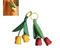 2 Pcs Handmade Genuine Leather Leaf Flower Keychain - Leather Tulip Flower Keyring Pendant Charm Accessories For Women's Wallets, Bags, and Car Key, Red and Yellow