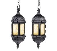 2 Pcs Hanging Candle Lantern Moroccan Chandelier Retro Candle Holder Moroccan Vintage Metal Hollow Wedding Hanging Candle Holders Lantern Contain 13.8 inches Chain, Black