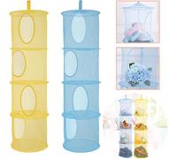 2 Pcs Hanging Mesh Space Saver, 4 Compartment Foldable Hanging Toy Storage Organizer Large Teddy Bear Storage Net Bag Basket for Kids Room Bathroom Balcony (Yellow&Blue)