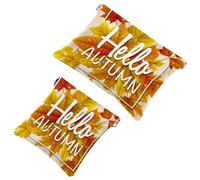 2 PCS Hello Autumn Yellow Leaves Pocket Cosmetic Bag, Self-Closing Shrapnel Makeup Pouch, Portable No Zipper Mini Travel Make Up Bag for Headphones Coin Lipstick Cosmetics Earphones Jewelry Organizer