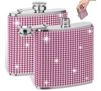 2 Pcs Hip Flask for Liquor for Women 6OZ Girl Glitter Bling Pocket Decorative Flask 304 Stainless Steel for Vodka Whisky(Pink-2-6oz)