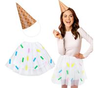 2 Pcs Ice Cream Mesh Skirt Costume for Women with Ice Cream Cone Headband Halloween Food Cosplay Role-Playing Party Outfits, As Shown in Picture, Medium