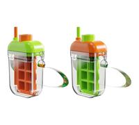 2 Pcs Ice Cube Tray, 2 in 1 Water Bottle with Straw, Portable Ice Cube Maker, Easy Release Bottle Cup with Carry Strap, for Travel Camping Gym, Food Safe Material, Orange and Green