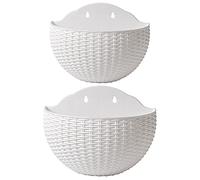 2 Pcs Imitation Rattan Wall Hanging Flower Pot, Semicircle Hanging Planters Outdoor with Drainage Hole and Hooks, Plastic Garden Hanging Basket for Balcony Fence (White)