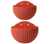 2 Pcs Imitation Rattan Wall Hanging Flower Pot, Semicircle Hanging Planters Outdoor with Drainage Hole and Hooks, Plastic Garden Hanging Basket for Balcony Fence (Brick red)