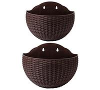 2 Pcs Imitation Rattan Wall Hanging Flower Pot, Semicircle Hanging Planters Outdoor with Drainage Hole and Hooks, Plastic Garden Hanging Basket for Balcony Fence (Coffee)