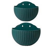 2 Pcs Imitation Rattan Wall Hanging Flower Pot, Semicircle Hanging Planters Outdoor with Drainage Hole and Hooks, Plastic Garden Hanging Basket for Balcony Fence (Dark green)