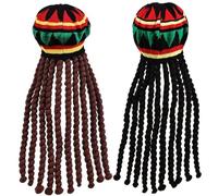 2 Pcs Jamaican Hat Traditional Knitted Soft Rasta Hat with 18 In Long Black & Brown Dreadlocks Colorful Comfortable Elastic Funny Dreadlock Wig for Party, Cosplay, Halloween