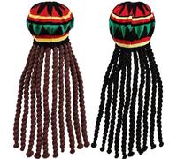 2 Pcs Jamaican Hat Traditional Knitted Soft Rasta Hat with 18 In Long Black & Brown Dreadlocks Colorful Comfortable Elastic Funny Dreadlock Wig for Party, Cosplay, Halloween
