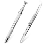 2 PCS Jewelry Pickup Tools, Piercing Ball Grabber with 4 Grippers, Stainless Steel Elbow Tweezers, Self-Locking Tweezers for Grabbing Small Parts