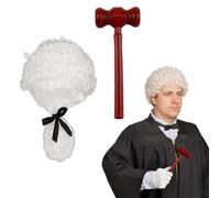 2 Pcs Judge Costume Accessories, Judge Wig with Mini Wooden Gavel, Courtroom Judge Cosplay Set for Halloween, Role-Playing, Theme Parties Cosplay Accessories White