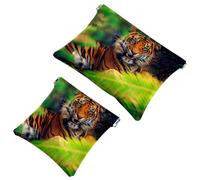 2 PCS Jungle Tiger Pocket Cosmetic Bag, Self-Closing Shrapnel Makeup Pouch, Portable No Zipper Mini Travel Make Up Bag for Headphones Coin Lipstick Cosmetics Earphones Jewelry Organizer