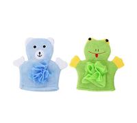 2 Pcs Kids Bath Mitt, Loofah Washcloths Gloves Sponge Cute Bear Frog Animal Toddler Bath Mitt Body Scrubber for Baby Shower Gloves Green&Blue