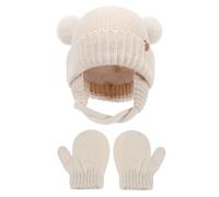 2 Pcs Kids Beanie Hat Gloves Set 2 in 1 Knit Warm Toddler Winter Cap Warm Gloves Cute Pom Pom Bobble Hat Knitted Crochet Thick Fluffy Toddler Cap Winter Accessories Set for Girls Boys Beige