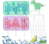 2 Pcs Kids Ice Lolly Moulds with 12 Sticks, Lollies Moulds, Easy Release Lollipop Moulds Silicone, Dinosaur & Vehicle Shapes Popsicle Molds for Kids, BPA Free Reusable Ice Pop Maker (Purple & Green)