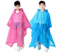 2 PCS Kids Rain Coats with Drawstring Hoods, Reusable EVA Rain Poncho Toddler Rain Cape, Portable Rainwear Girls & Boys (90cm-150cm), Children's Raincoat for School/Outdoor/Camping (Blue & Pink)