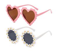 2 Pcs Kids Sunglasses Heart and Flower Shape Pink White Summer Eyewear | Two pairs in fun heart and flower shapes - light frames for small faces - for beach days parties holidays and days out